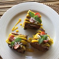 Vegan French toast with mango  at Le Bamboo Bali in Pecatu