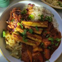 Stew, Mac, slaw and plantains at Monstera Canteen in Luton