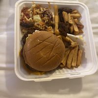 Burger with Fries and Mac and Cheese!🤤  at Monstera Canteen in Luton