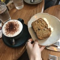 Carrot cake and coffee  at The Find in Cheltenham