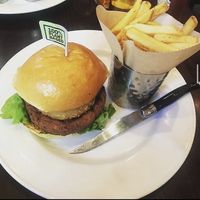 moving mountains burger (minus cheese) with fries. Came with a non-vegan mayo dip that I removed from the plate prior to taking the photo.  at Hard Rock Cafe in Rome