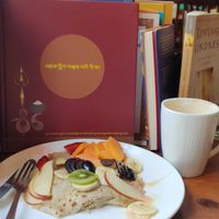 Fruit crepe and almond coffee at Crepes Pancake Hut in Dharamshala