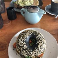 Vegan bagel and avocado toast with cashew cheese and hummus  at Madem Espresso in Wangaratta