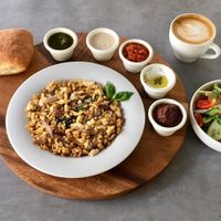 breakfast- tofu "egg", salad and spreads at Hativonit J17 in Tel Aviv