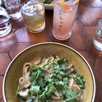 Mushroom udon noodles, Richard and Jaan (names of the cocktails). at Ülo in Tallinn