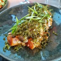 Grilled leeks, kimchi aioli, mushrooms, dried cabbage (vegan, gluten free 10.5€) at Ülo in Tallinn