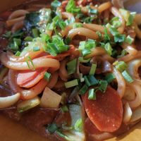 udon noodles with carrots and mushrooms in peanut butter dauce, delicious (vegan) at Ülo in Tallinn