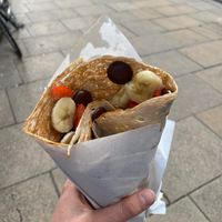 dark chocolate, banana and strawberry vegan crepe at Cambridge Crepes in Cambridge