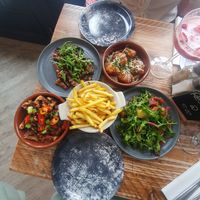Salt & pepper mushrooms (ve), miso and honey glazed aubergine without the yoghurt, crispy potato dumplings (v), marinated heritage tomato salad without the burrata at The Moon and Sixpence in Whitby