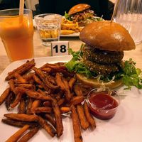 Veggie burger with sweet potato fries   at Cafe Esmeralda in Nuuk
