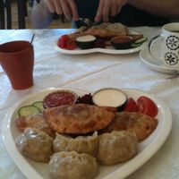 Delicious mongolian combo plate (10.400 T approx), with vegeterian version of the wide-spread mongolian fastfood, and dumplings at Bilig Vegan Bistro in Ulaanbaatar