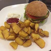 Vegan burger and fries at Bilig Vegan Bistro in Ulaanbaatar