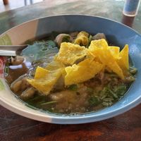 Soy balls, wide rice noodle, green veggie soup  at Satanatam Hongcherng in Nan