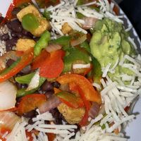 Fajita bowl. Vegan cheese requested to sub out the pepper jack cheese. Lentil bites for protein!  at CALI - South in Tampa