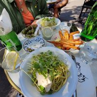 Pesto pasta, parsnip fries with lemon dip at Harju 8 in Helsinki