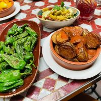 Padron peppers, artichoke salad, patatas bravas with no aioi at Cafe Andaluz - George St. in Edinburgh