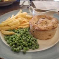 Mushroom and ale pie (with frozen Peas and bisto gravy) at Saracens Head Hotel in Towcester