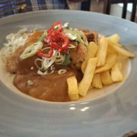 Vegan katsu curry (soya protein type breaded strips) at Saracens Head Hotel in Towcester