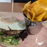 Mushroom-eggplant-lentil burger with sweet-potato chips at Avocado in Obidos