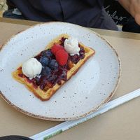 Red berries waffle (vegetarian, not vegan) at Avocado in Obidos