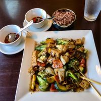 Mixed veggies + tofu in black bean sauce and two hot sauces. at Marco Polo Global Restaurant in Salem