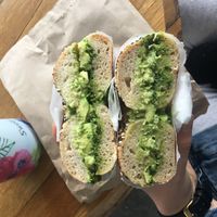 Avo bagel with pesto!  at Beam Me Up Bagels in Dunedin