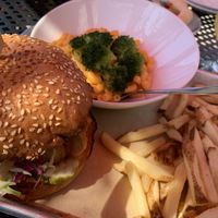King trumpet mushroom burger, Fries, mini Mac & cheese with CBD infused drink 💕 at Craft Roots  in Morgan Hill