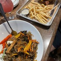 Japchae noodles and the bourbon bacon burger, with a CBD drink on the side   at Craft Roots  in Morgan Hill