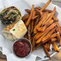 Vegan version of the veggie sandwich with fries  at Blue Roof Bistro in Fairbanks