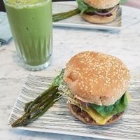 Basic smoothie and lentil and tempeh burger w vegan cheese at Lamara Coffee and Kitchen in New Orleans