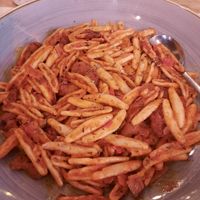 Homemade Greek pasta with sundried tomatoes and v-chicken at Let's Vegan in Crete