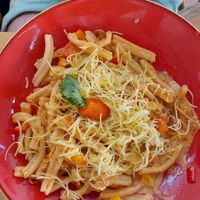 Himemade pasta with plant based chicken fillets. at Let's Vegan in Crete