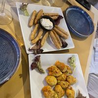 Fava sticks and dolma I think  at Let's Vegan in Crete