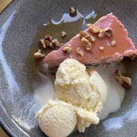 Cheesecake with ‘vegan’ ice cream  at Let's Vegan in Crete