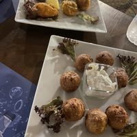 Meatballs with tzatziki (mozzarella balls in the background)  at Let's Vegan in Crete