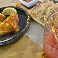 Vegan fried cheese pita bread and fruit punch cocktail  at Let's Vegan in Crete