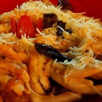 Local handmade pasta dish with wholewheat flour, vegan cheese, sundried tomatoes at Let's Vegan in Crete