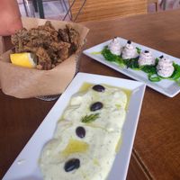 Tzatziki, Mushroom calamari and ‘fish roe’ dip with wakame at Let's Vegan in Crete