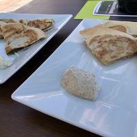 Spinach pie and mushroom pie with delicious sauces! at Let's Vegan in Crete