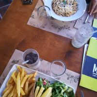 Carbonara and mushroom gyros in with pita. With oreo shakes at Let's Vegan in Crete