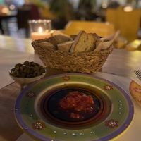 Olives, bread & relish dip  at Let's Vegan in Crete