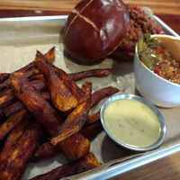 Vegan Sloppy "Jane" Sandwich with lentil soup and sweet potato fries. at Civilian Brewing Corps in Spencer