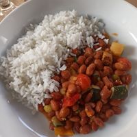 Vegan feijoada with white rice at Forno D'Orca in Nazare