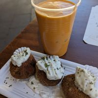 Spinach balls and gazpacho (with a large ice cube in it) at Las Niñas Veganas in Cadiz