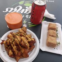 Gazpacho, cauliflower tempura & vegan cheese croquetas! All amazing!! at Las Niñas Veganas in Cadiz