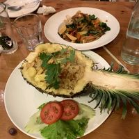 khao pad Tealicious Sapporot Jay (pineapple fried rice)
and sen yai pad kemao (stir fried flat noodles)
 at Tealicious in Bangkok