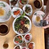 A table full with vegetarian surprises!   at Jeombongsan Sanchae in Sokcho