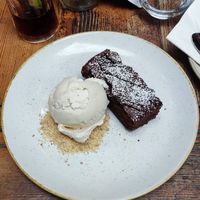 Dark chocolate brownie with vanilla ice cream at Bull & Gate in North West London