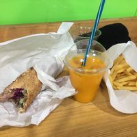 Falafel wrap, chips and a mango juice at Falafel Vegan Munch in Birmingham