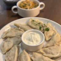 Pierogy with soy protein and kimchii  at Pierogarnia Mandu Centrum in Gdansk